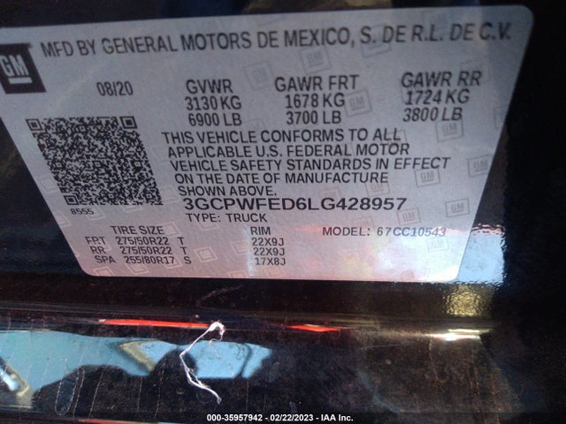 2020 CHEVROLET SILVERADO 1500 HIGH COUNTRY VIN: 3GCPWFED6LG428957
