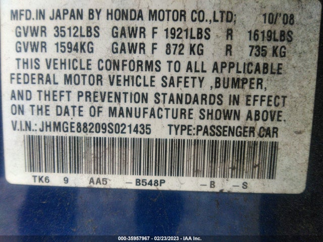 Honda Fit 2009 JHMGE88209S021435 Image 10