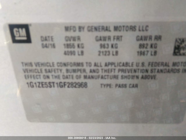 2016 CHEVROLET MALIBU LT VIN: 1G1ZE5ST1GF282968