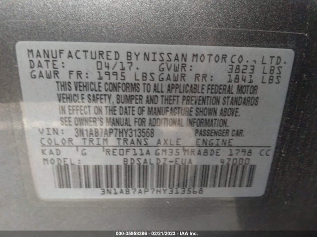 2017 NISSAN SENTRA SV VIN: 3N1AB7AP7HY313568