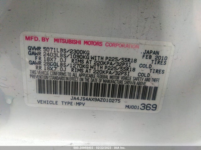 JA4JS4AX9AZ010275 Mitsubishi Outlander Xls
