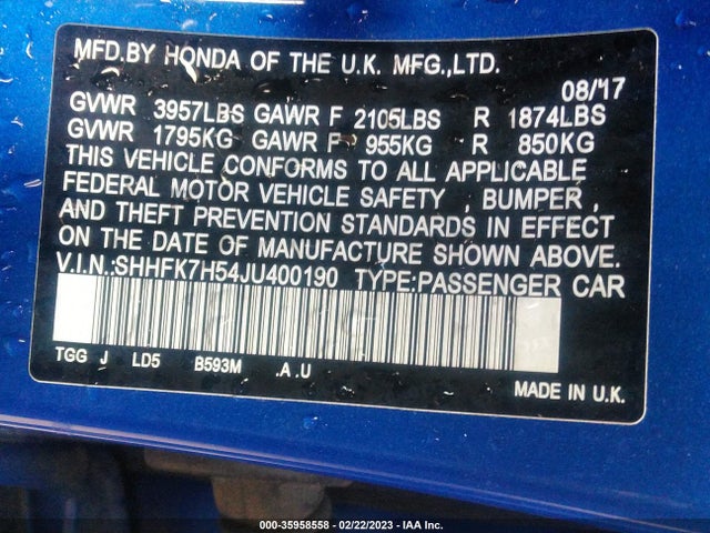 Honda Civic Hatchback Ex 2018 SHHFK7H54JU400190 Image 10