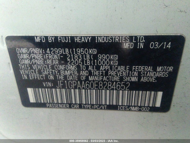 2014 SUBARU IMPREZA WAGON 2.0I VIN: JF1GPAA60E8284652