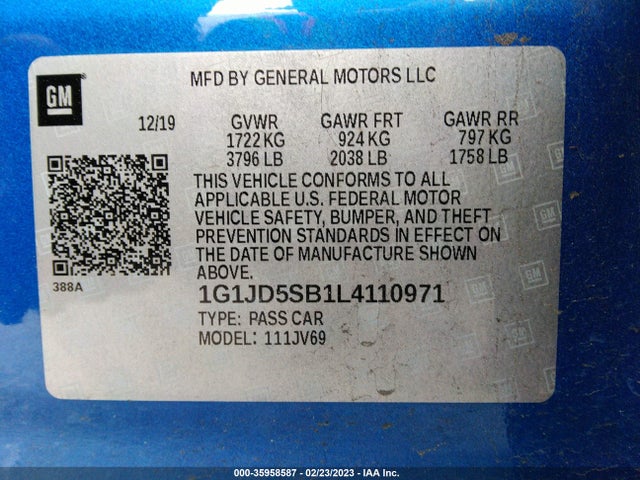 Chevrolet SONIC LT 2020 1G1JD5SB1L4110971 Image 10