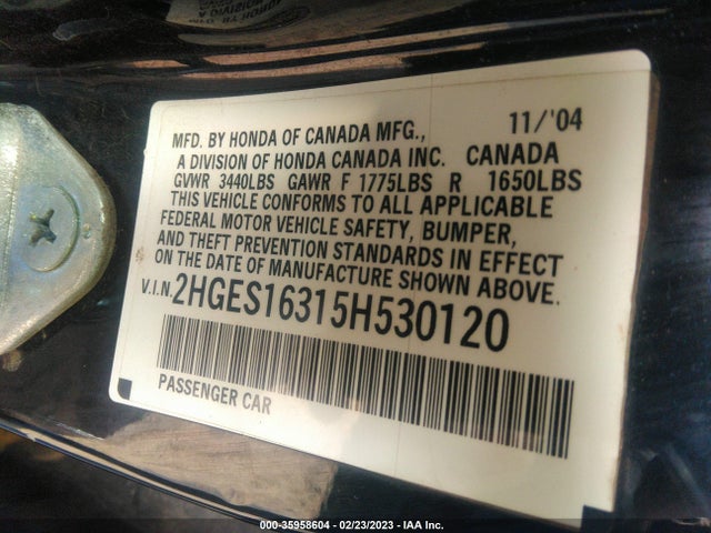 2005 HONDA CIVIC SDN VP VIN: 2HGES16315H530120