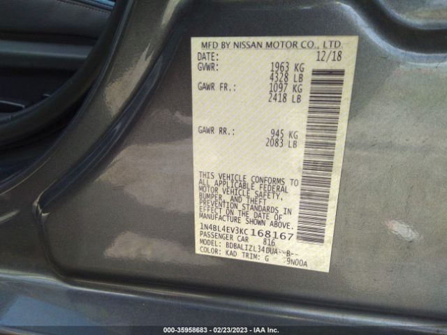 1N4BL4EV3KC168167 Nissan Altima 2.5 Sl