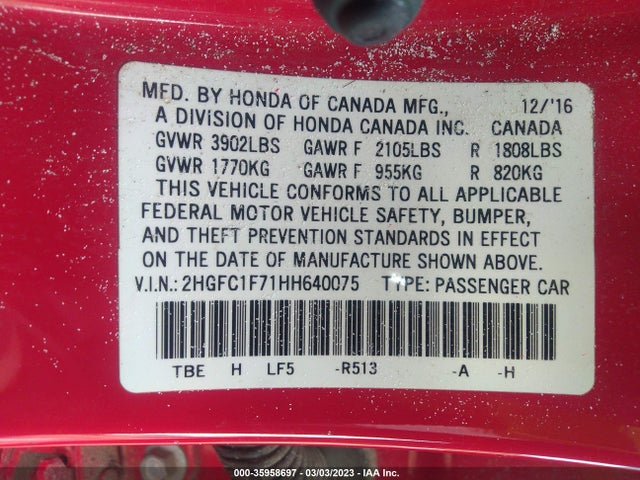 Honda l15b7 2017 2HGFC1F71HH640075 Image 25