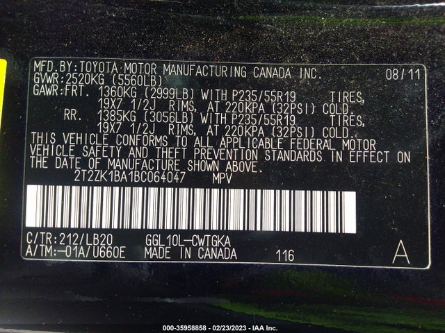 2T2ZK1BA1BC064047 Lexus RX 350