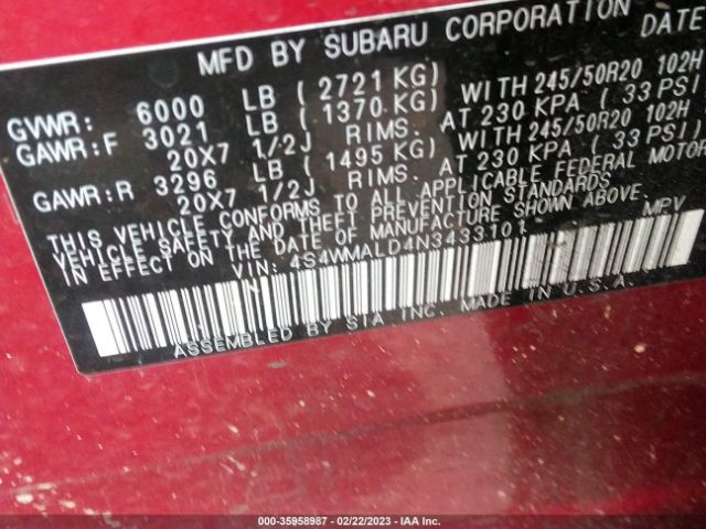 4S4WMALD4N3433101 Subaru Ascent Limited