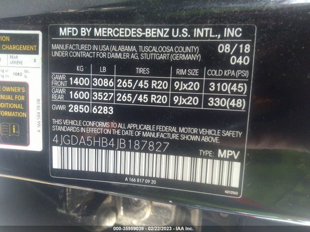 2018 Mercedes-Benz GLE-Class, VIN: 4JGDA5HB4JB187827