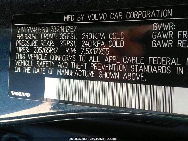 2011 VOLVO XC60 3.2L VIN: YV4952DL7B2141757