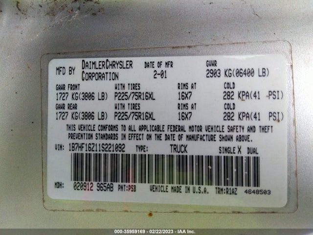 Dodge RAM 1500 2001 1B7HF16Z11S221092 Image 10