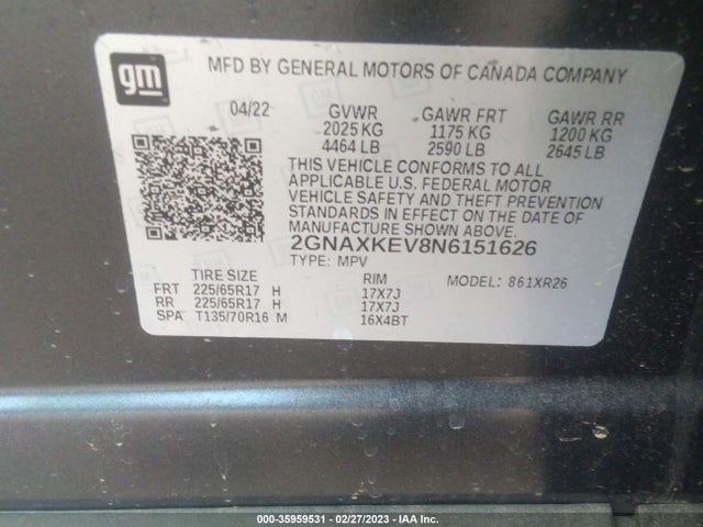 2022 Chevrolet Equinox, VIN: 2GNAXKEV8N6151626