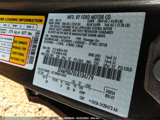 2020 Ford Fusion, VIN: 3FA6P0G70LR104779