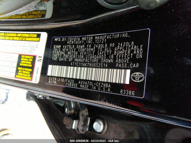 2022 Toyota Camry, VIN: 4T1C11AK7NU652514