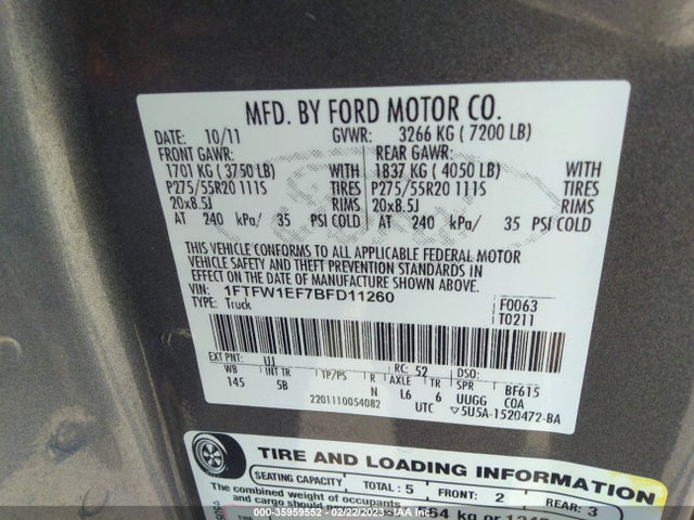 2011 FORD F-150 XL/XLT/FX4/LARIAT VIN: 1FTFW1EF7BFD11260