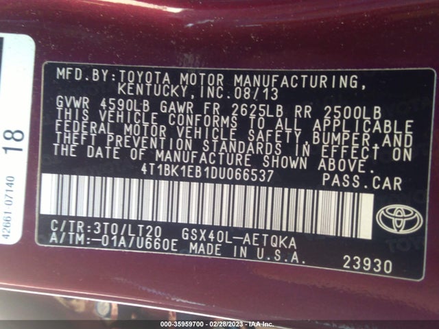 2013 TOYOTA AVALON XLE/LIMITED VIN: 4T1BK1EB1DU066537