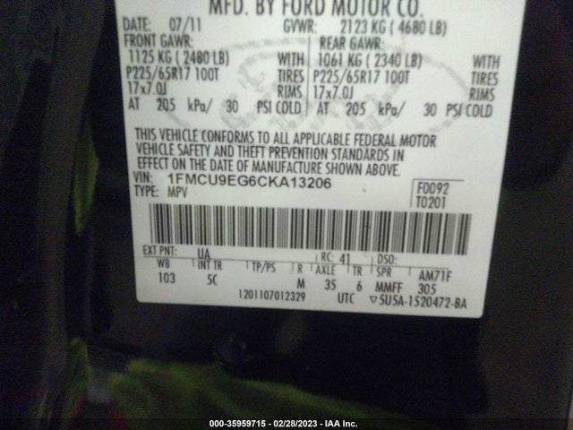 2012 FORD ESCAPE LIMITED VIN: 1FMCU9EG6CKA13206