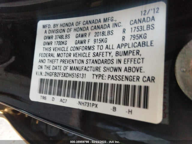 2013 HONDA CIVIC SDN LX VIN: 2HGFB2F5XDH516131