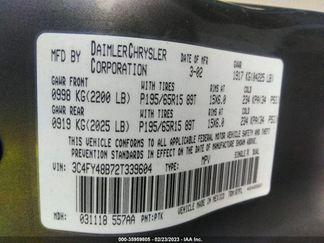 2002 CHRYSLER PT CRUISER VIN: 3C4FY48B72T339604