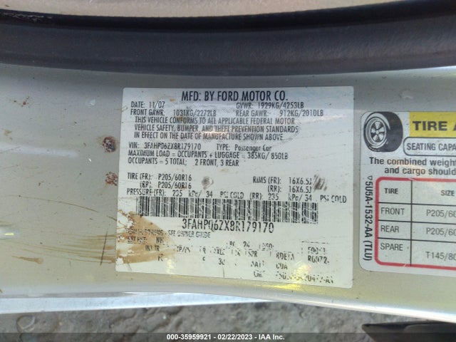 2008 FORD FUSION S VIN: 3FAHP06ZX8R179170