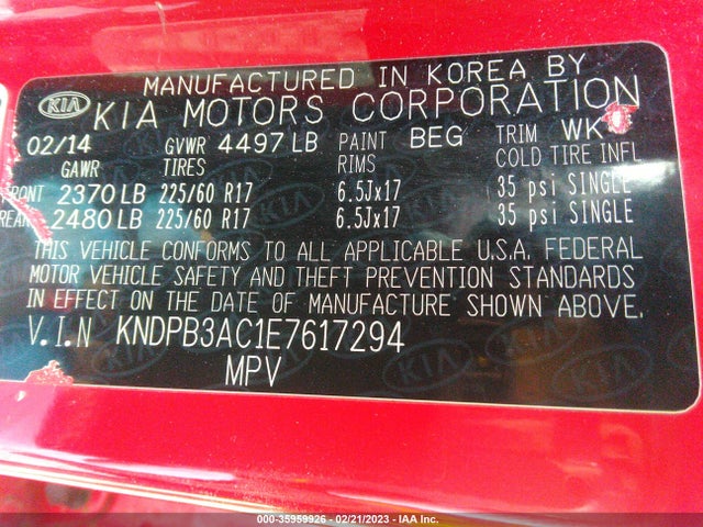 2014 KIA SPORTAGE LX VIN: KNDPB3AC1E7617294