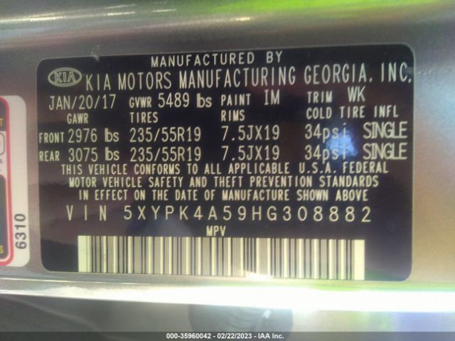 5XYPK4A59HG308882 KIA Sorento Sx V6