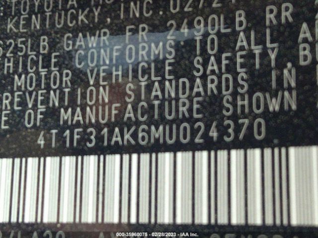 4T1F31AK6MU024370 Toyota Camry Xle Hybrid