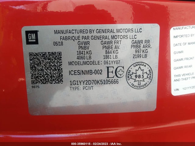 2019 Chevrolet Corvette, VIN: 1G1YY2D70K5105666