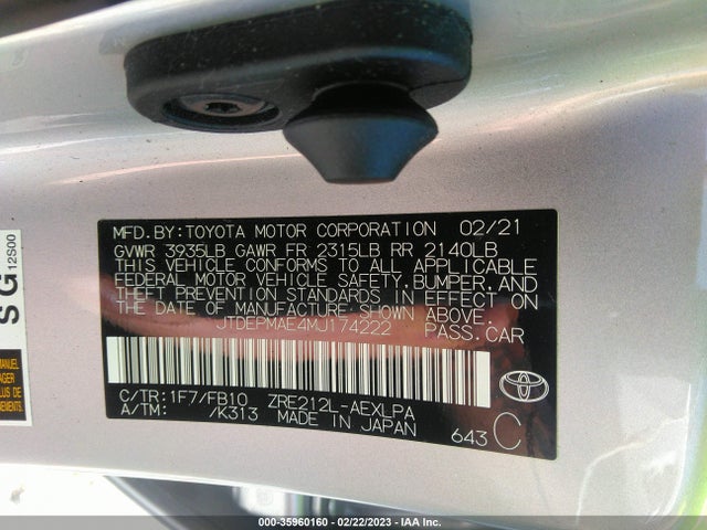 2021 TOYOTA COROLLA LE VIN: JTDEPMAE4MJ174222