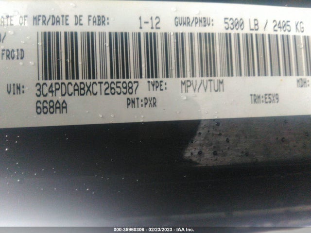 2012 DODGE JOURNEY SE PLUS VIN: 3C4PDCABXCT265987