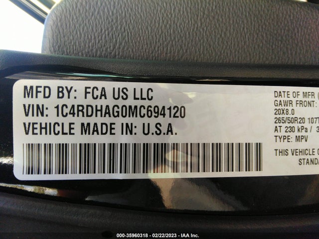 2021 Dodge Durango, VIN: 1C4RDHAG0MC694120