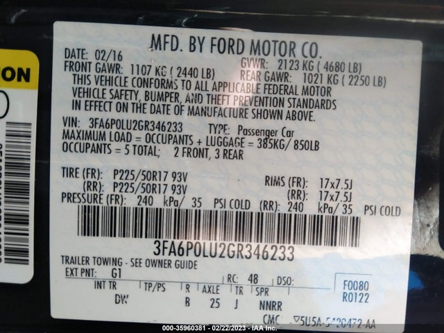 2016 FORD FUSION SE HYBRID VIN: 3FA6P0LU2GR346233