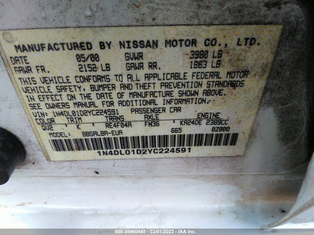 2000 NISSAN ALTIMA XE/GXE/SE/GLE VIN: 1N4DL01D2YC224591