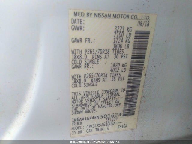 2019 Nissan Titan, VIN: 1N6AA1EK4KN501624