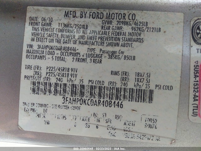 2010 FORD FUSION SPORT VIN: 3FAHP0KC0AR408446