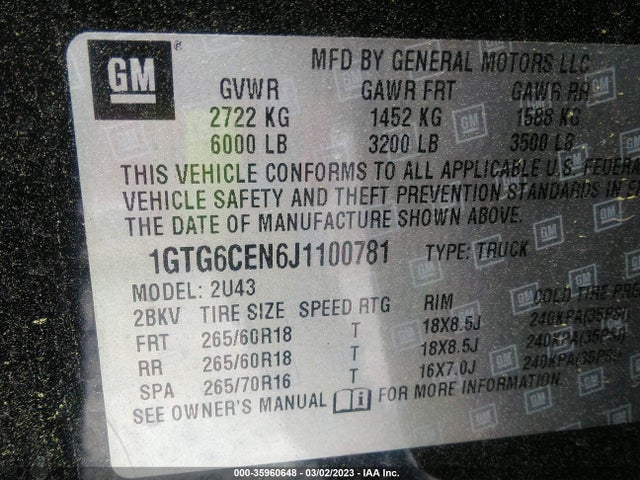 2018 GMC Canyon, VIN: 1GTG6CEN6J1100781