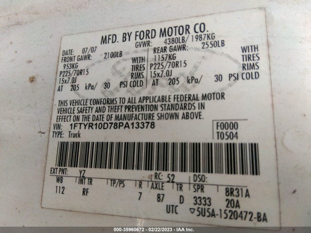 2008 FORD RANGER XL/XLT VIN: 1FTYR10D78PA13378