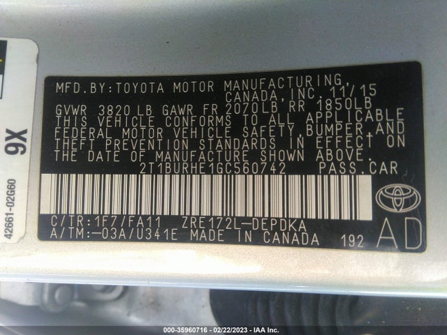 2016 TOYOTA COROLLA L/LE/S/S PLUS/LE PLUS VIN: 2T1BURHE1GC560742