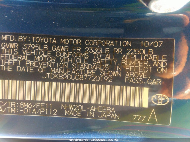2008 TOYOTA PRIUS VIN: JTDKB20U087720192