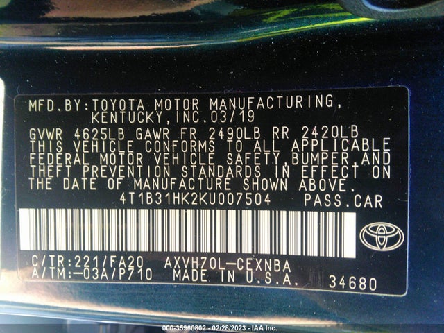 2019 Toyota Camry, VIN: 4T1B31HK2KU007504