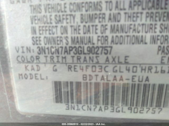 3N1CN7AP3GL902757 Nissan VERSA S