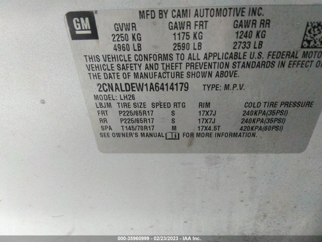 2010 CHEVROLET EQUINOX LT W/1LT VIN: 2CNALDEW1A6414179