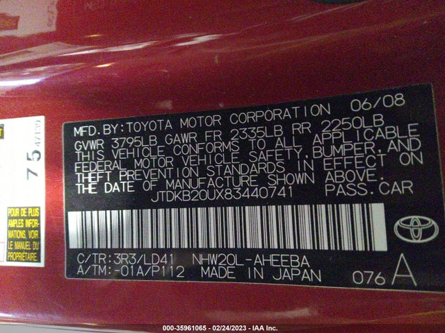 2008 TOYOTA PRIUS VIN: JTDKB20UX83440741