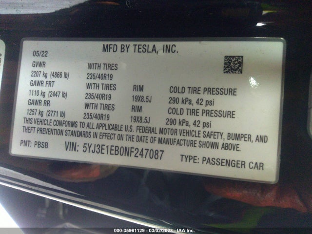 Tesla Model 3 Long Range 2022 5YJ3E1EB0NF247087 Image 9