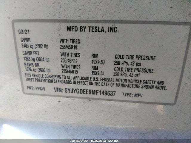 5YJYGDEE9MF149637 Tesla Model Y Long Range