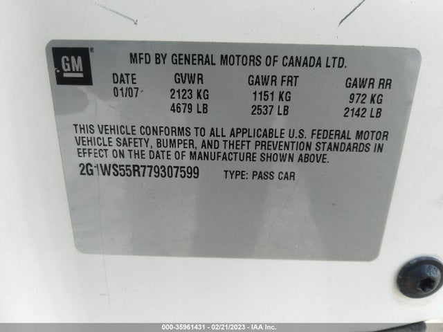 2007 CHEVROLET IMPALA POLICE PKG POLICE PKG 9C1 VIN: 2G1WS55R779307599