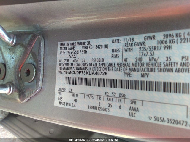 Ford ESCAPE S 2019 1FMCU0F73KUA46726 Image 10