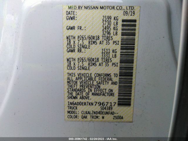 1N6AD0ER7KN796717 Nissan Frontier Sv