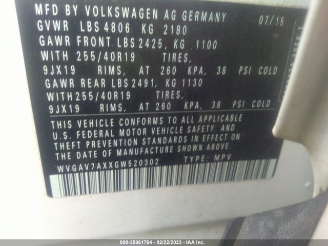 2016 Volkswagen Tiguan, VIN: WVGAV7AXXGW520302